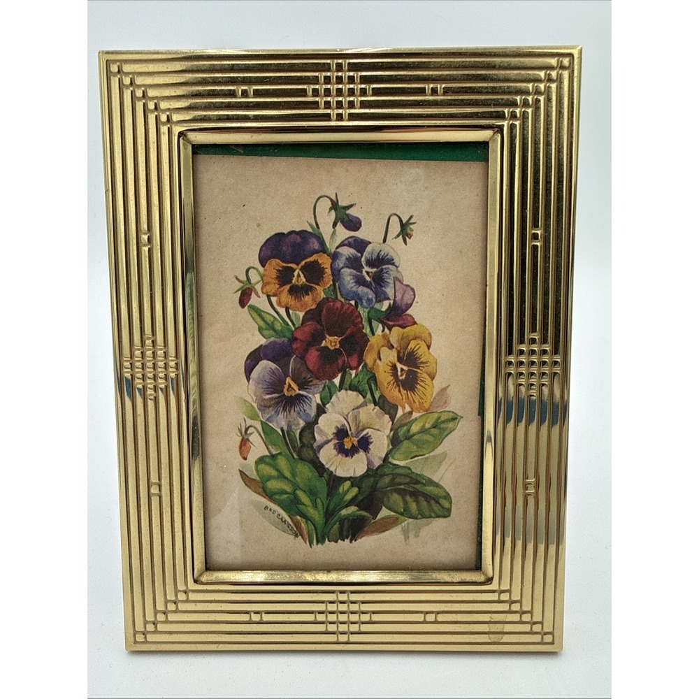 Vintage Brass Picture Frame Floral Pansy Print Small Desk
